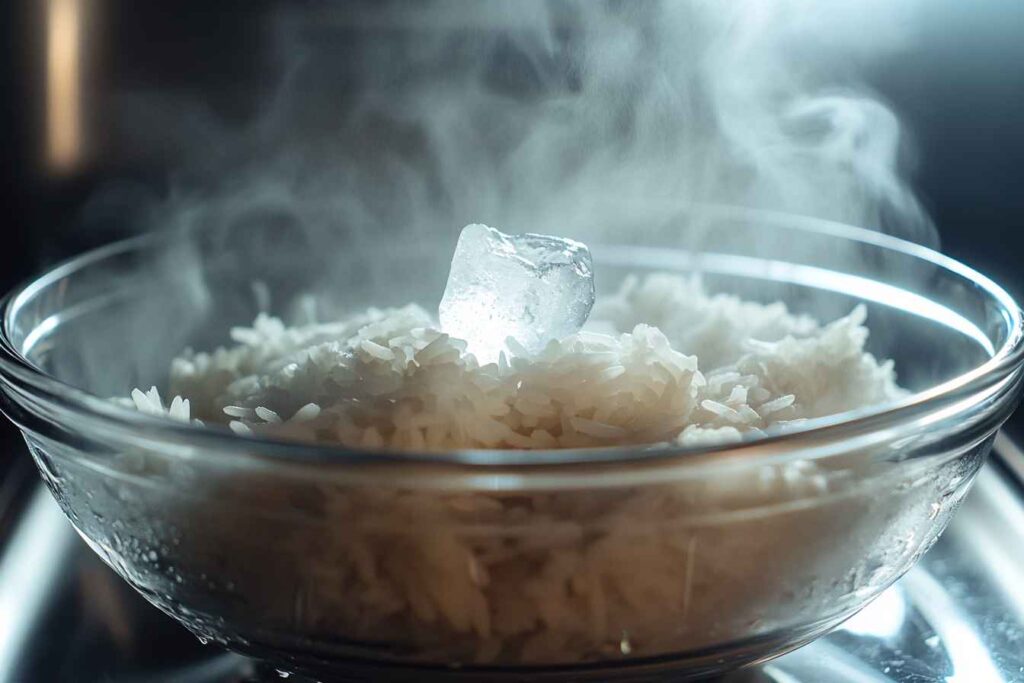 A glass bowl filled with leftover rice and an ice cube on top, with steam rising, demonstrating the ice cube reheating method.