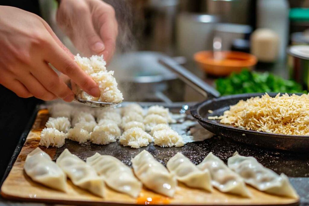 Hands preparing rice gyoza filling in a pan, surrounded by fresh ingredients like herbs and dumpling wrappers in a kitchen setting.