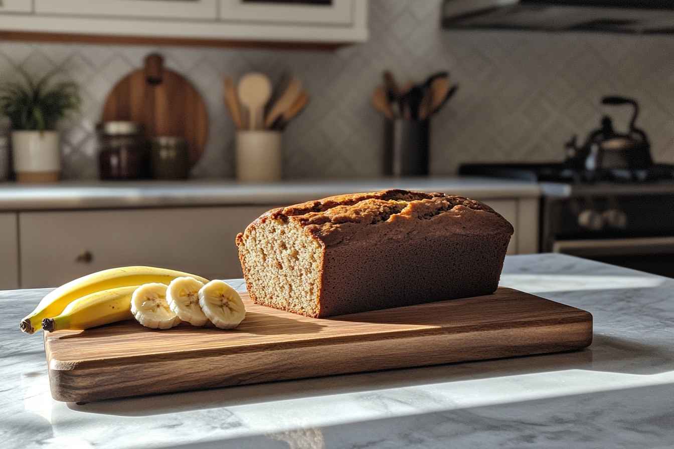 Freshly baked 3 ingredient banana bread on a wooden cutting board with sliced bananas, surrounded by a cozy kitchen background.