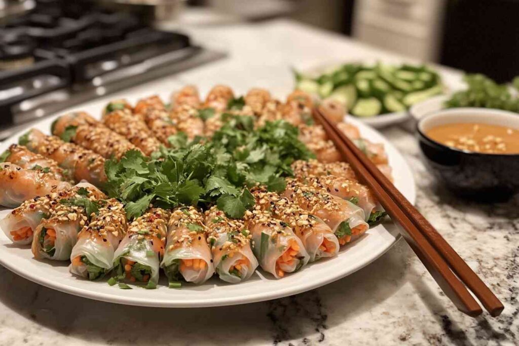 A platter of freshly made Vietnamese spring rolls garnished with sesame seeds and cilantro, accompanied by a bowl of dipping sauce and chopsticks." Title: "Vietnamese Spring Rolls Plated with Garnish