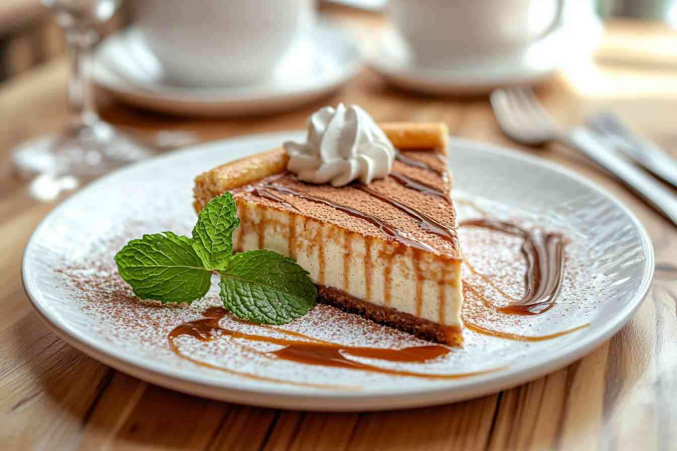 A slice of churro cheesecake served on a white plate, garnished with caramel drizzle, a dollop of whipped cream, and fresh mint leaves.