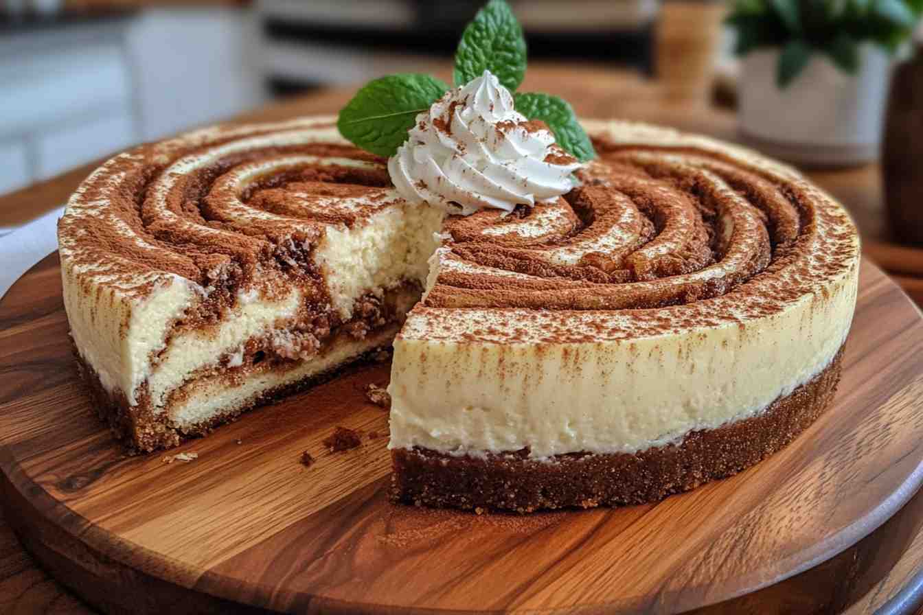 Finished cinnamon roll cheesecake with visible cinnamon swirls, cream cheese frosting, and a sprig of mint, displayed on a wooden plate.