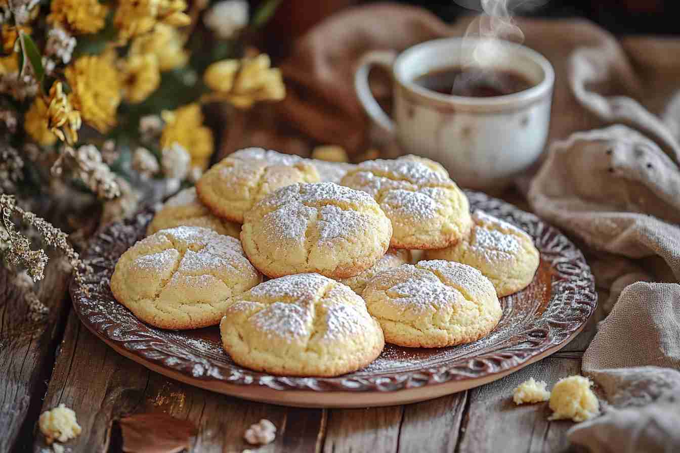 Freshly baked cheesecake cookies sprinkled with powdered sugar, arranged on a decorative plate, with a steaming cup of coffee and flowers in the background.