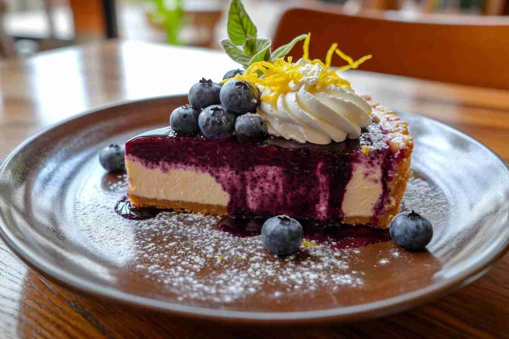 A slice of lemon blueberry cheesecake topped with fresh blueberry compote, whipped cream, and lemon zest on a brown plate, dusted with powdered sugar.