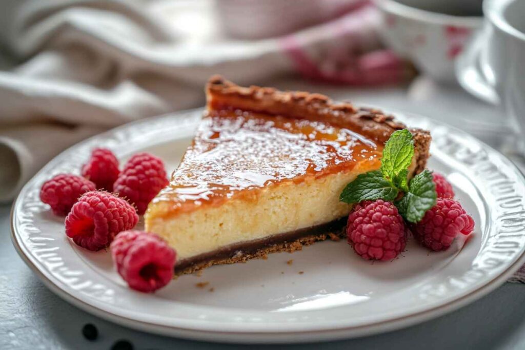 A slice of crème brûlée cheesecake with a caramelized sugar topping, garnished with fresh raspberries and a sprig of mint on a white ceramic plate.