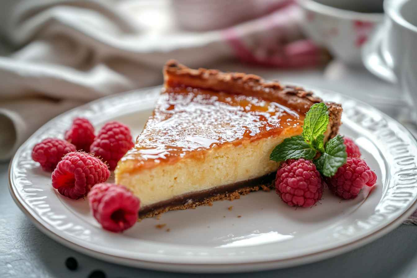 A slice of crème brûlée cheesecake with a caramelized sugar topping, garnished with fresh raspberries and a sprig of mint on a white ceramic plate.