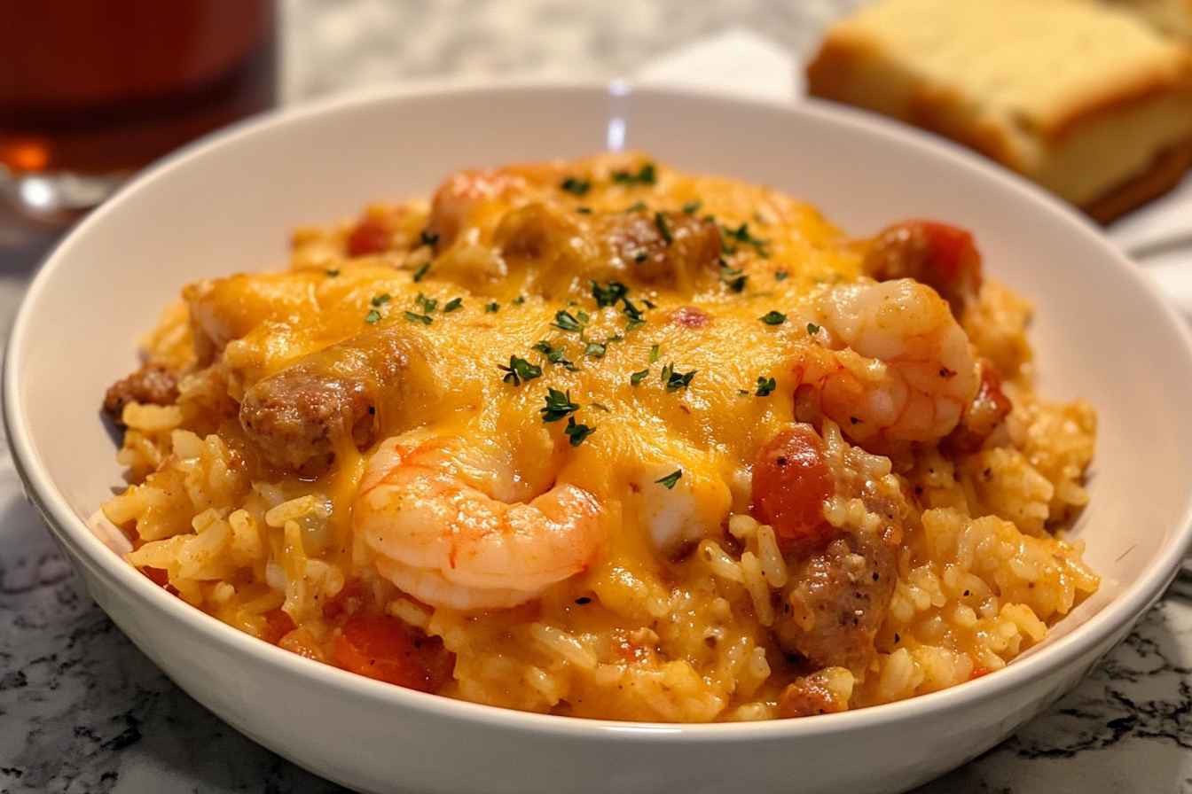 A bowl of cheesy jambalaya topped with melted cheddar cheese, shrimp, sausage, and garnished with fresh parsley, served alongside cornbread.