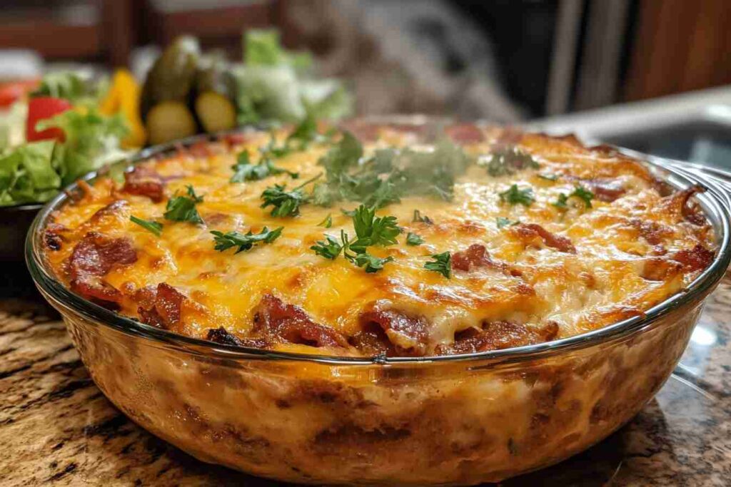 A freshly baked bacon cheeseburger casserole topped with golden-brown melted cheese, garnished with parsley, and served alongside a fresh salad.