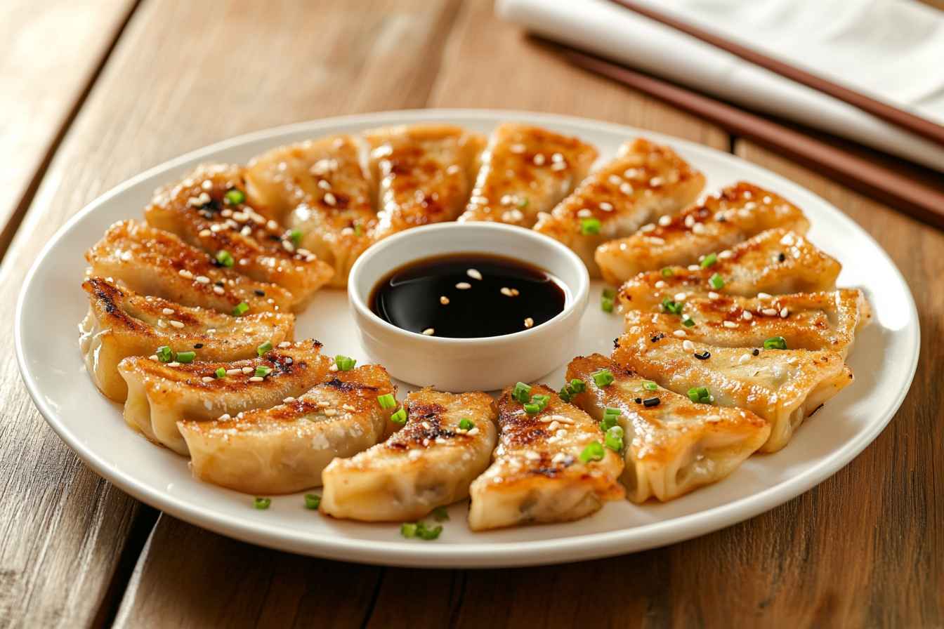 A plate of golden-brown gyozas arranged in a circle, garnished with sesame seeds and green onions, with a bowl of soy dipping sauce in the center.