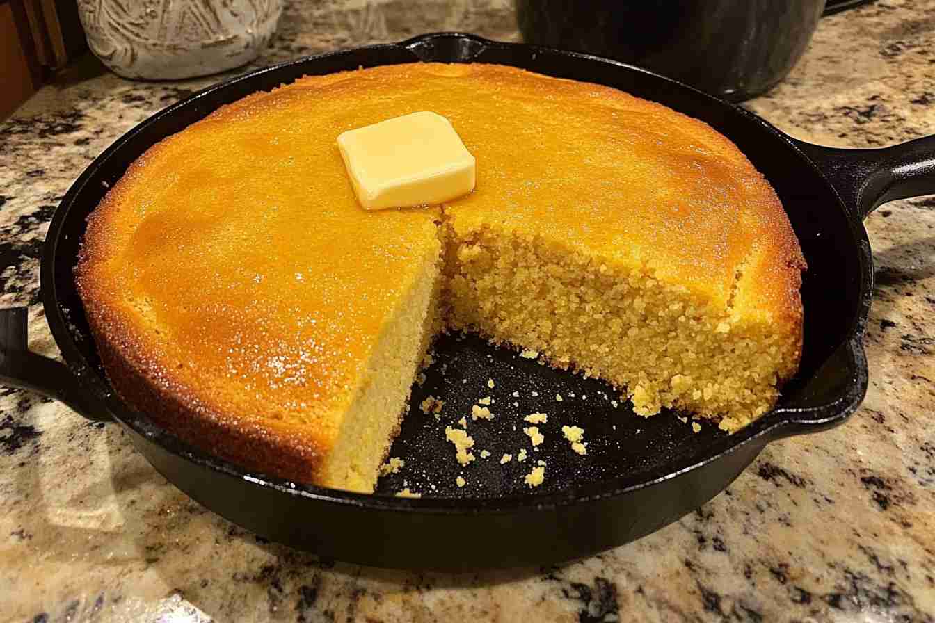 Golden Southern cornbread in a cast-iron skillet with melted butter on top, surrounded by rustic kitchenware on a wooden table.