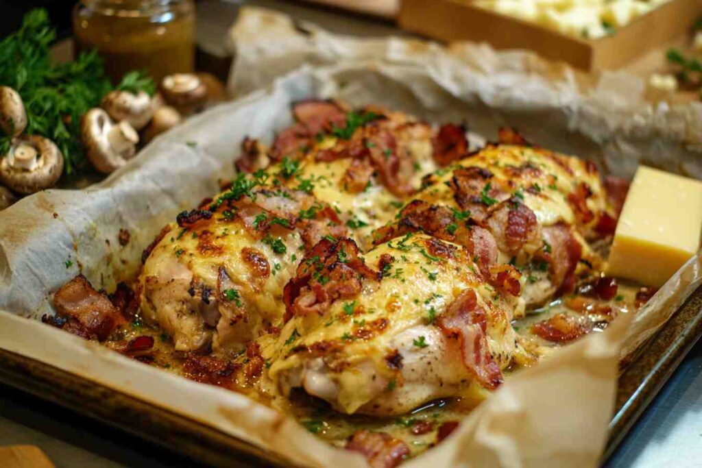 Freshly baked Alice Springs Chicken topped with melted cheese, sautéed mushrooms, and garnished with parsley, served on parchment paper with fresh mushrooms and cheese in the background.