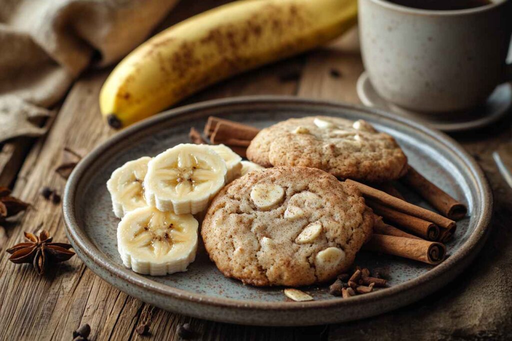 Banana bread cookies on a plate with fresh banana slices, cinnamon sticks, and a cup of coffee, showcasing a rustic and cozy vibe.