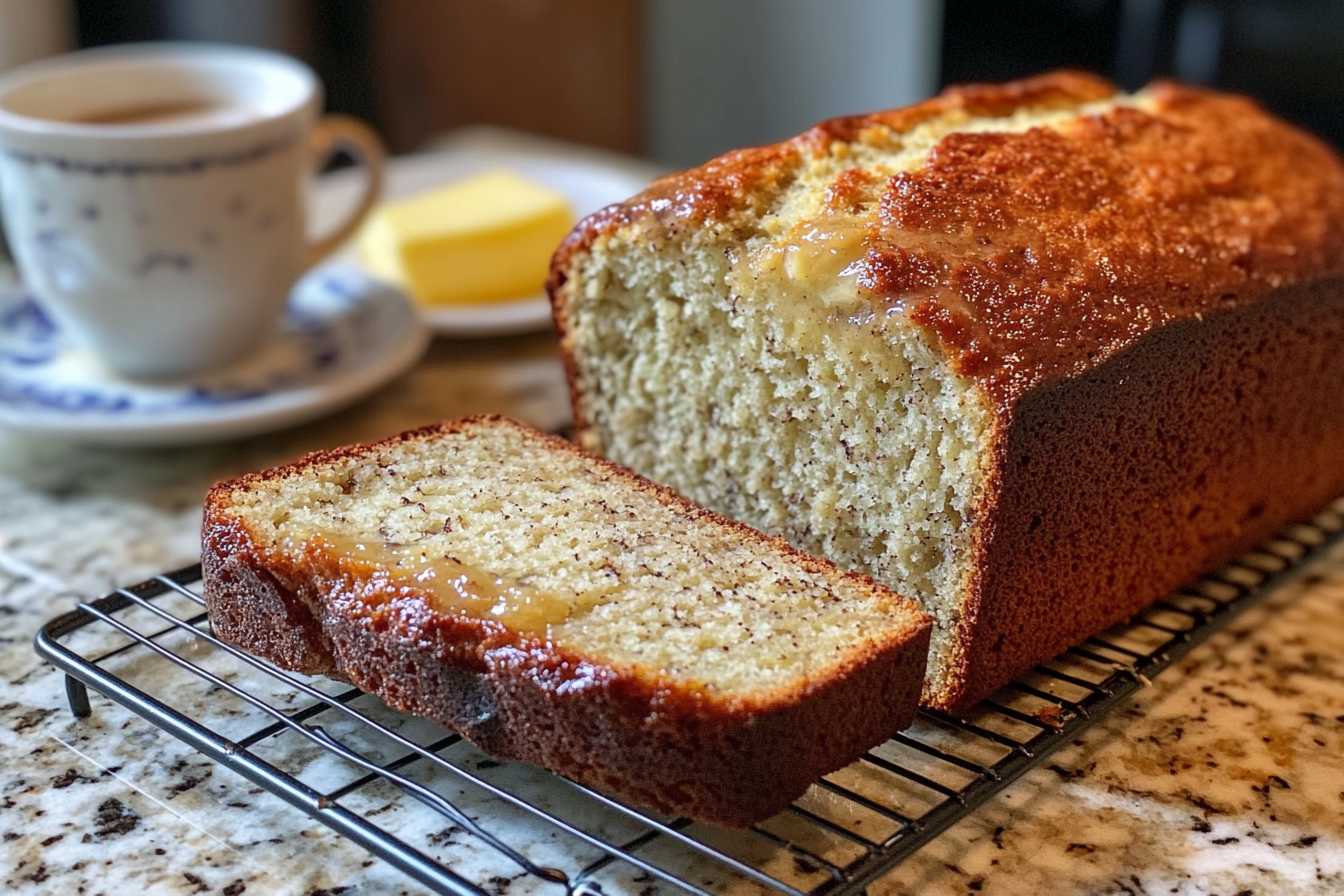 A freshly baked loaf of banana bread with oil, sliced to reveal its moist texture, cooling on a wire rack next to a cup of coffee and butter.