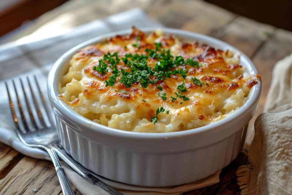 A baked cheesy rice dish in a white ramekin, topped with golden melted cheese and fresh parsley, placed on a rustic wooden table with a fork and napkin.