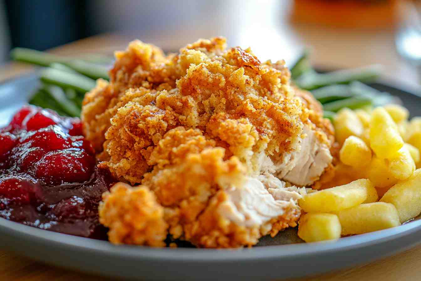 Plate of chicken and dressing served with cranberry sauce, green beans, and golden fries, highlighting a crispy golden topping and tender chicken.