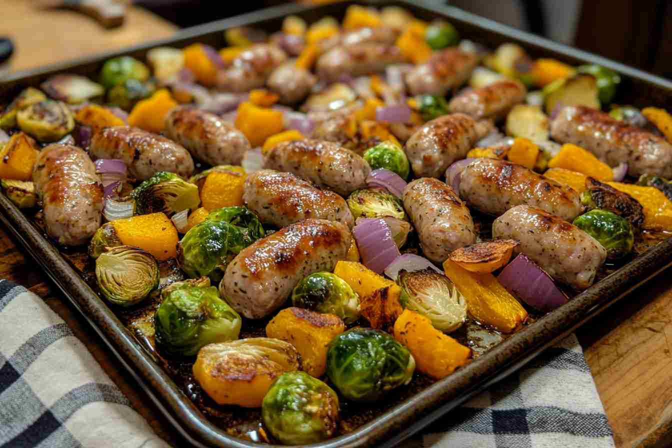 Sheet pan chicken apple sausage with roasted Brussels sprouts, butternut squash, and red onions, caramelized to perfection.