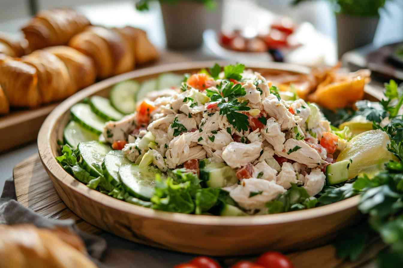 A vibrant bowl of chicken salad surrounded by cucumber slices, garnished with fresh parsley, and paired with croissants in the background.