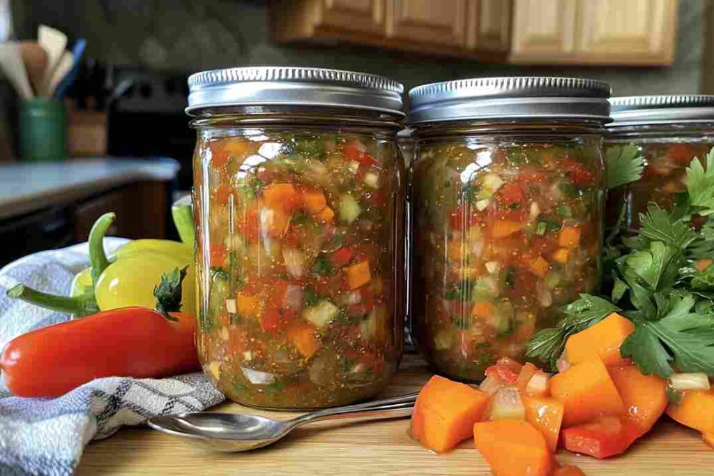 Jars of colorful chow chow relish on a wooden countertop surrounded by fresh vegetables, including peppers, carrots, and parsley.