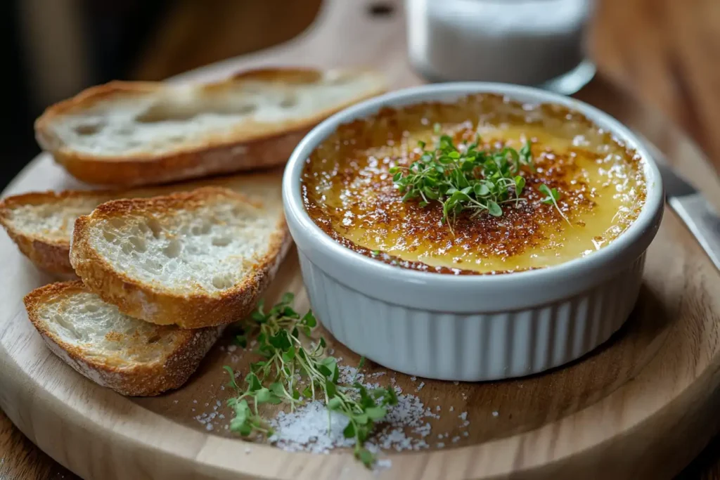 A beautifully plated crab brûlée in a white ramekin with a golden caramelized sugar crust, garnished with fresh microgreens, served on a wooden board alongside toasted baguette slices and a sprinkle of coarse salt.