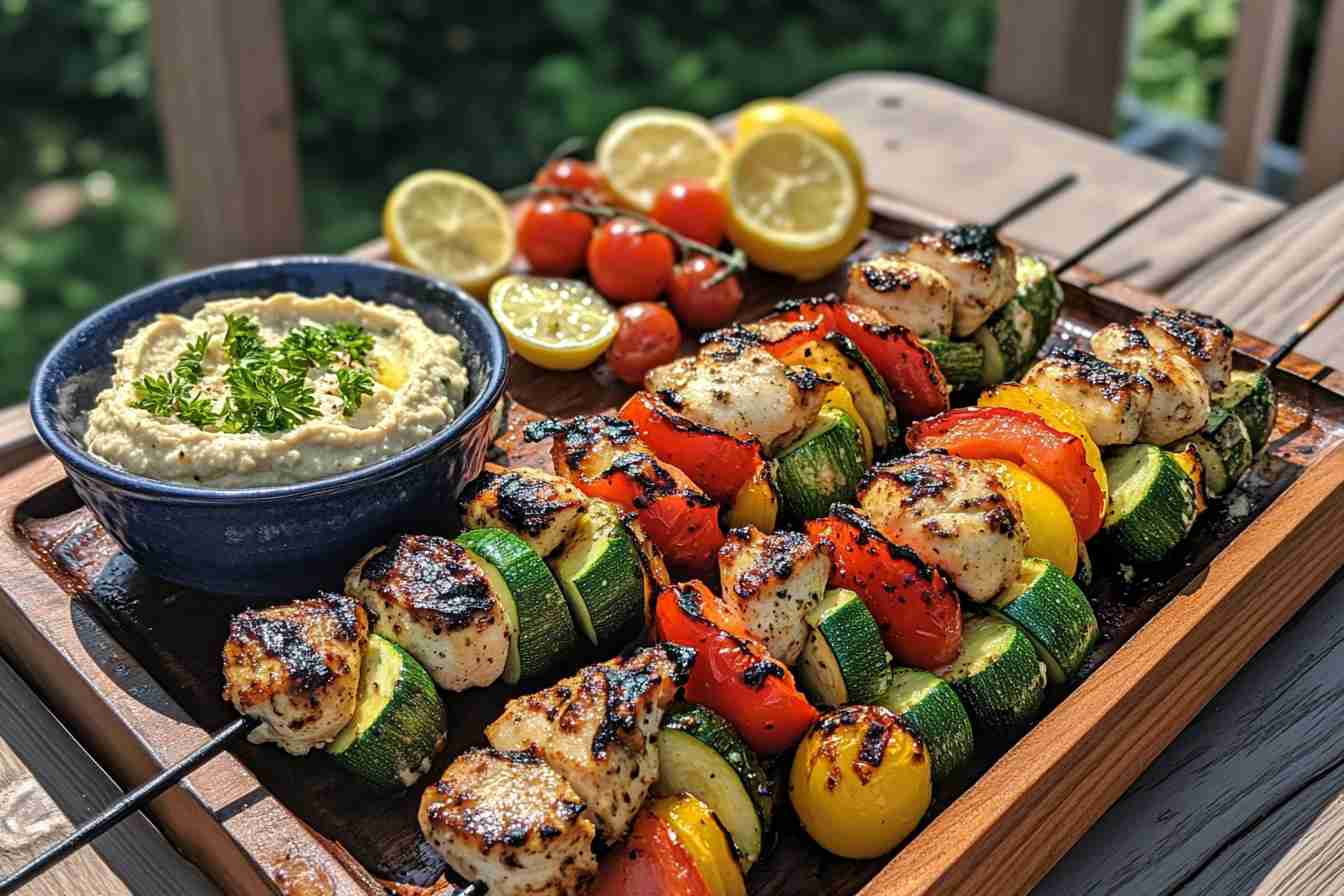 Grilled chicken and vegetable skewers with zucchini, cherry tomatoes, and bell peppers on a wooden platter, served with hummus and lemon slices.