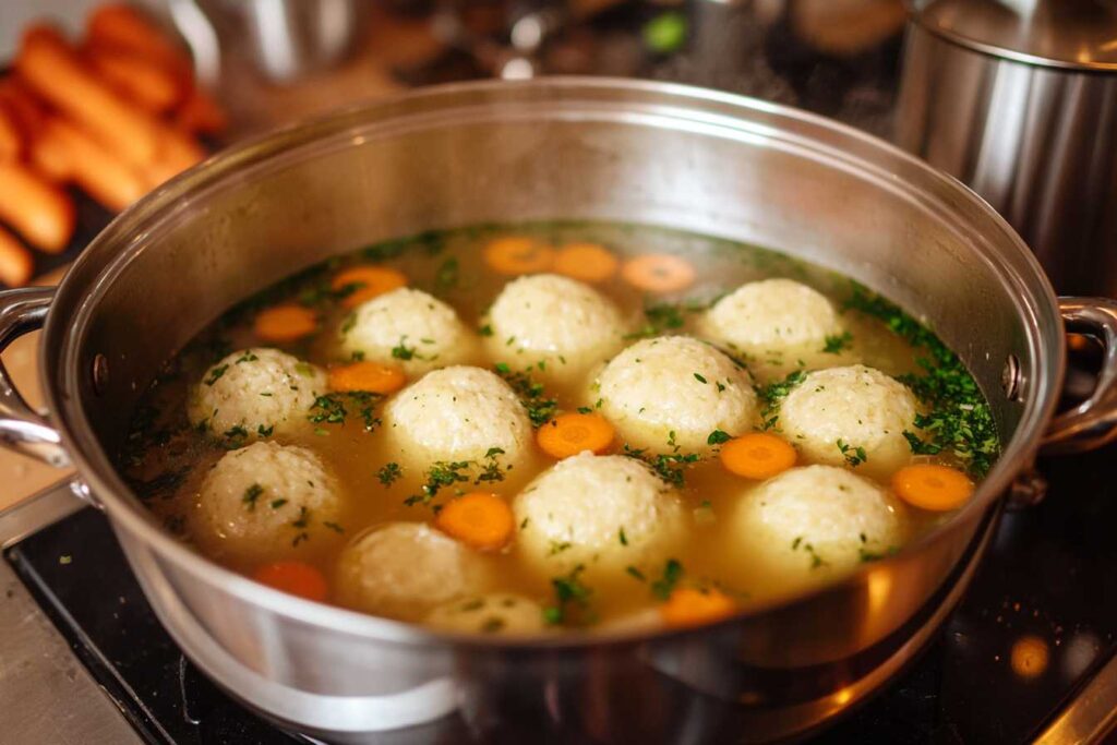 Gefilte fish balls simmering in a flavorful broth with carrot slices and fresh parsley, presented in a stainless steel pot.