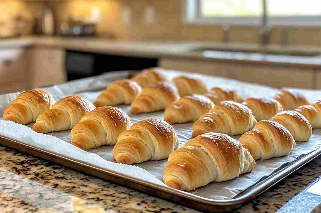 Freshly baked Gipfeli pastries on a parchment-lined baking tray, showing their golden-brown, flaky layers in a cozy kitchen setting.