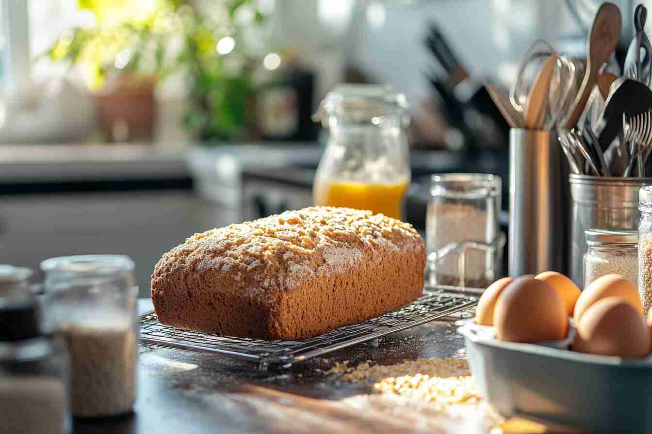 A loaf of freshly baked low carb bread cooling on a rack, surrounded by baking ingredients such as eggs, flour, and kitchen utensils in a warm, sunlit kitchen.