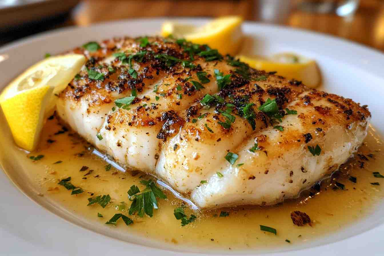 A close-up of a perfectly pan-seared rockfish fillet topped with fresh parsley and served with lemon slices and a buttery sauce on a white plate.