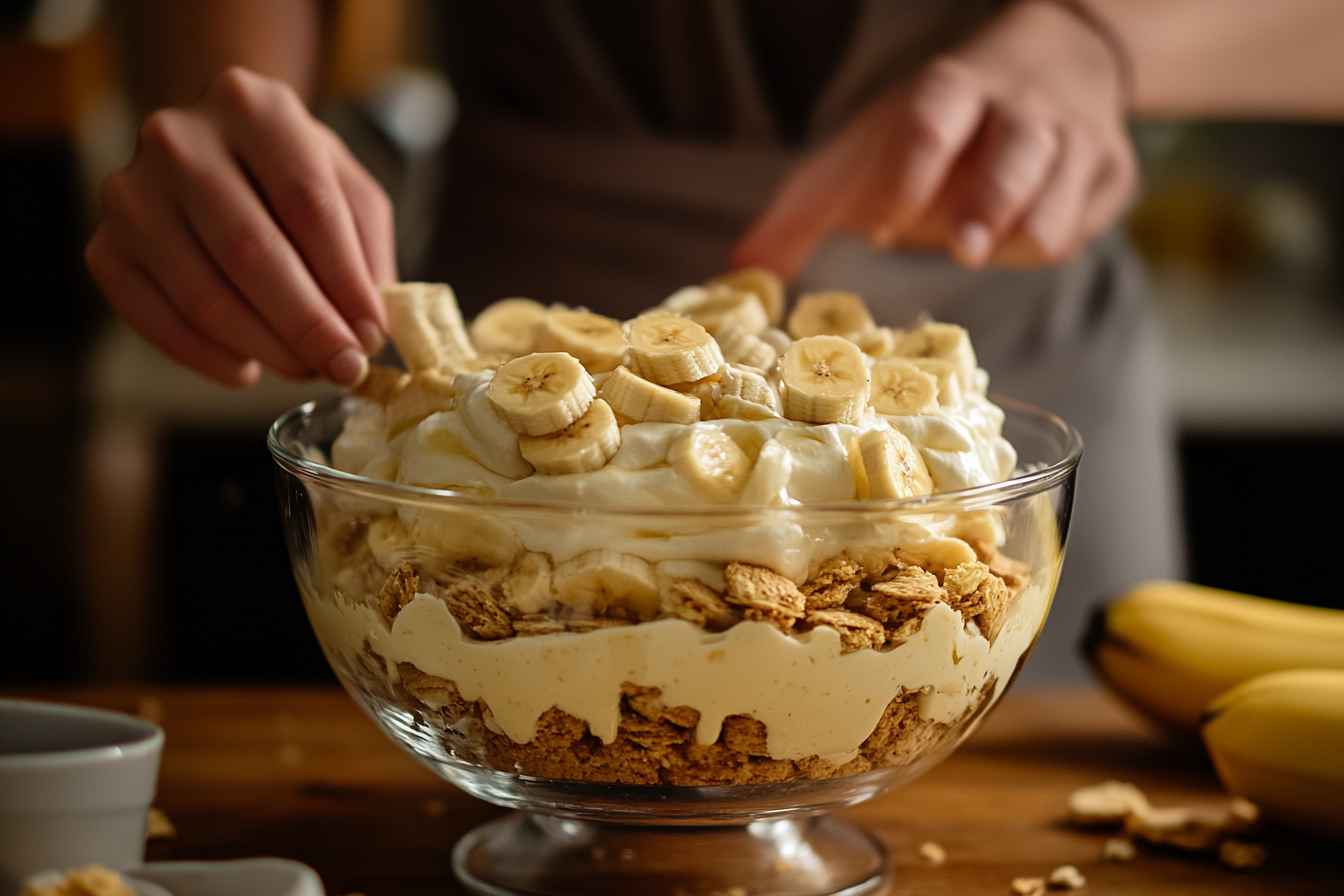 Layered banana pudding in a glass bowl with creamy pudding, banana slices, and vanilla wafers, being assembled by hands.