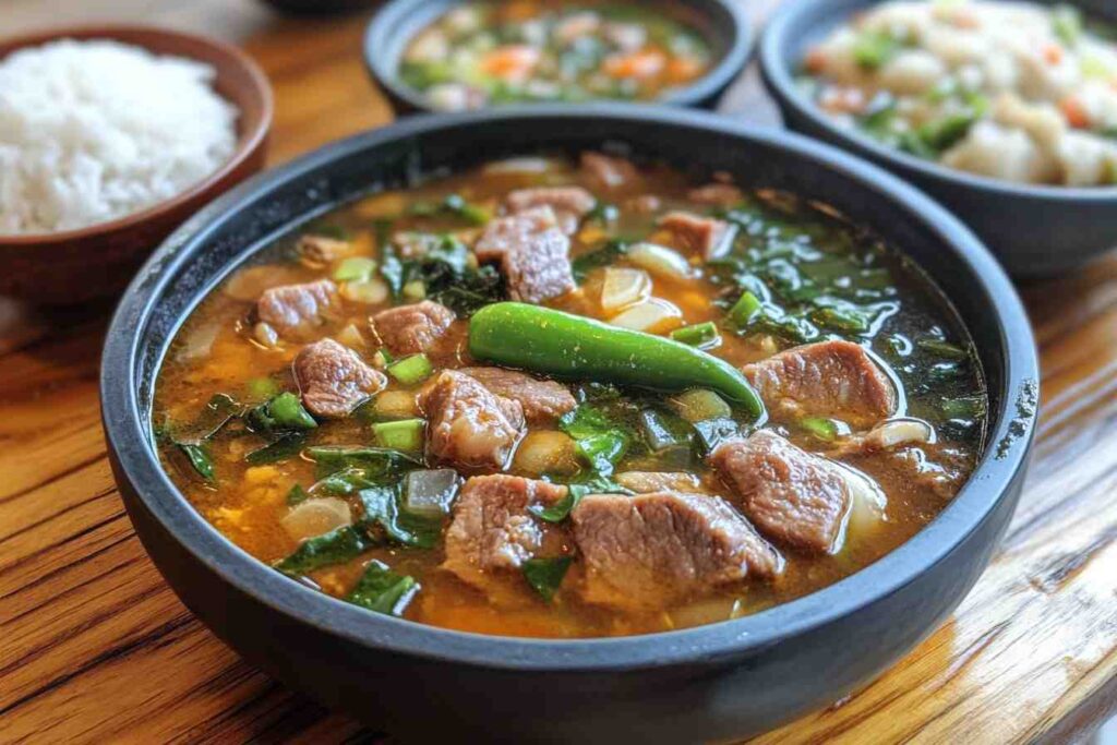 A bowl of authentic Sinigang soup with tender meat, fresh vegetables like leafy greens and green chili, served alongside a bowl of rice on a wooden table.