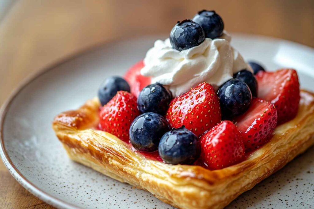 Golden puff pastry dessert topped with fresh strawberries, blueberries, and whipped cream, served on a plate.