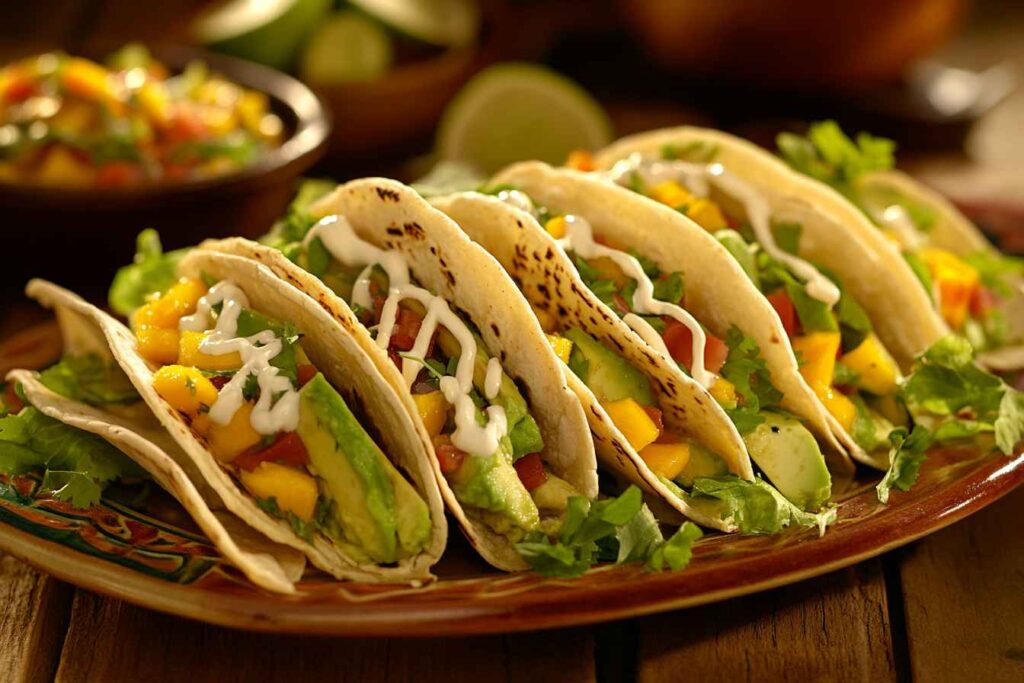 Fresh avocado tacos filled with creamy avocado slices, vibrant mango salsa, shredded lettuce, and a drizzle of chipotle cream on a rustic plate.