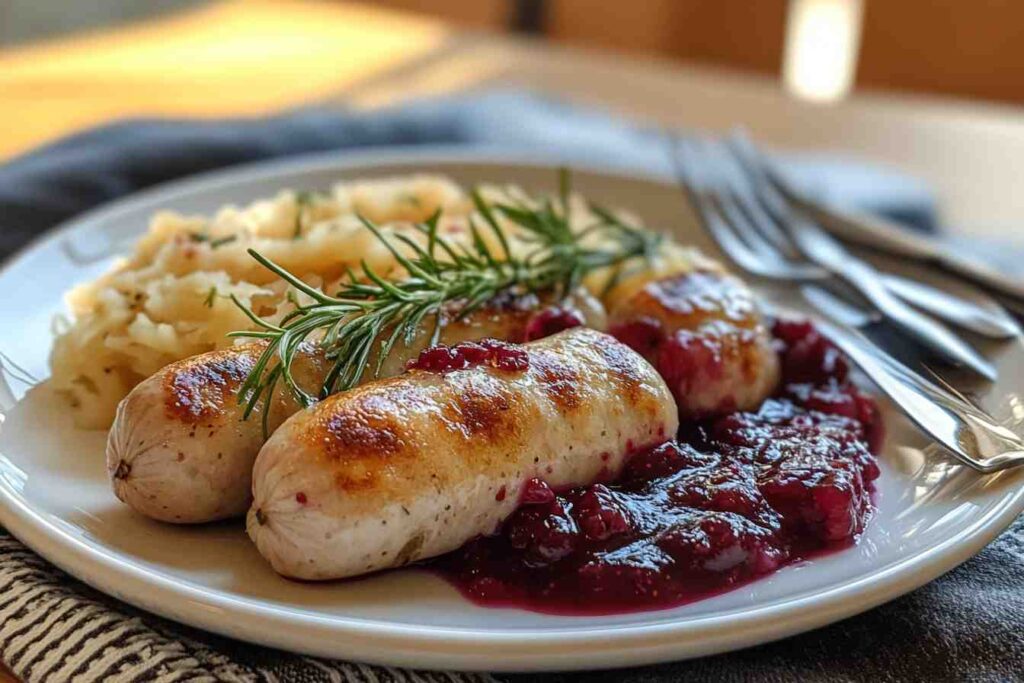 Cooked potato sausages served with lingonberry sauce, mashed potatoes, and fresh rosemary on a white plate, creating a hearty and traditional meal.