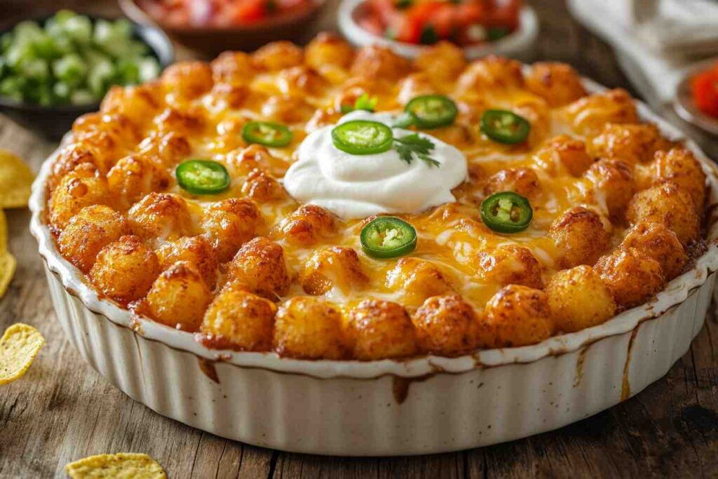 Taco tater tot casserole topped with sour cream, jalapeños, and melted cheese, served in a white dish on a rustic wooden table.