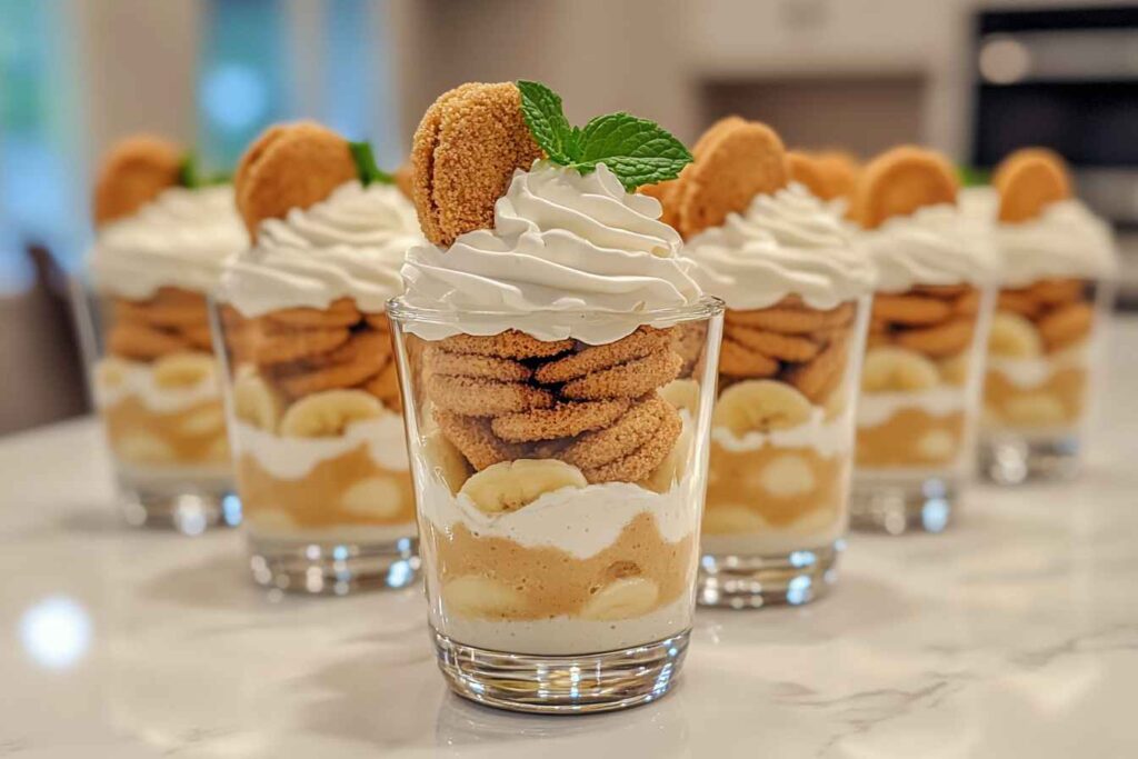 Banana pudding cups with layers of vanilla pudding, sliced bananas, and vanilla wafers topped with whipped cream and garnished with mint leaves.