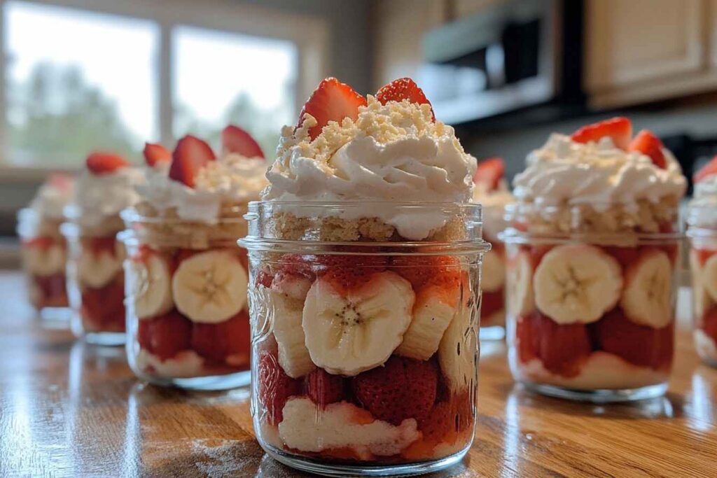 Individual servings of strawberry banana pudding in mason jars, layered with fresh strawberries, banana slices, creamy pudding, and topped with whipped cream and crushed wafers.