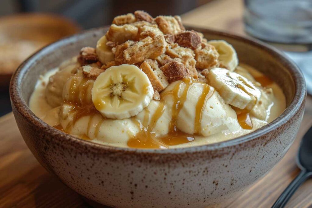 A bowl of banana pudding ice cream topped with sliced bananas, caramel drizzle, and crushed wafers, served in a rustic ceramic bowl.