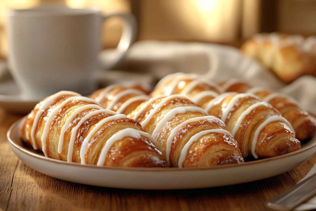 Freshly baked crescent roll cinnamon rolls drizzled with icing on a plate, with a steaming cup of coffee in the background on a wooden table.