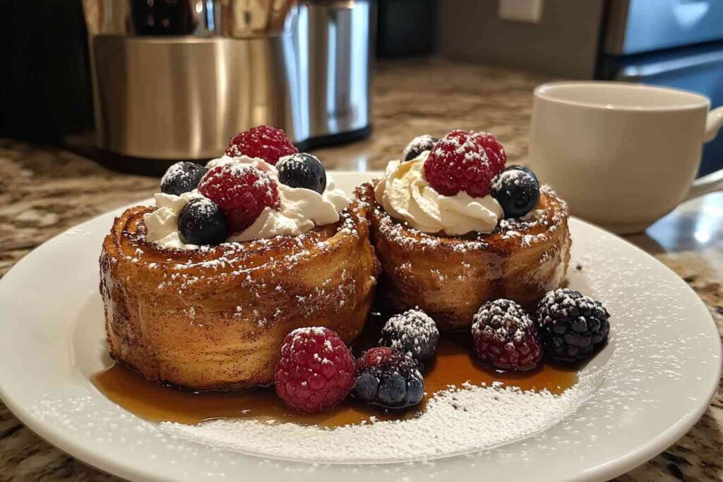 Two beautifully plated cinnamon roll French toast servings topped with whipped cream, fresh raspberries, blueberries, and blackberries, drizzled with maple syrup and dusted with powdered sugar, served on a white plate with a cup of coffee in the background.