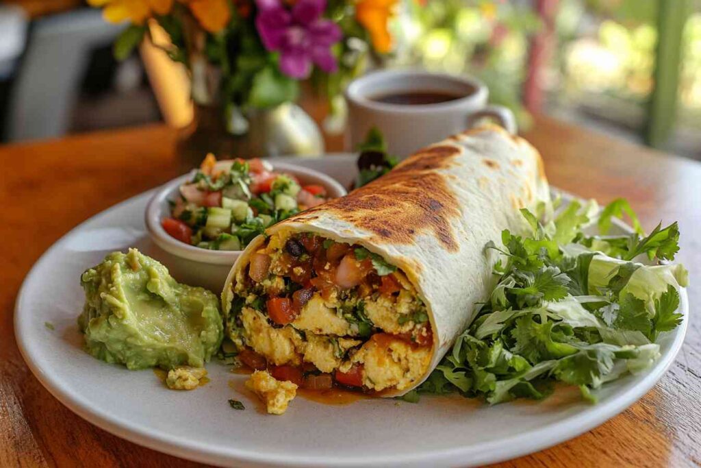 Vegetarian breakfast burrito served on a plate with guacamole, fresh salad, and pico de gallo, showcasing vibrant, nutritious fillings.