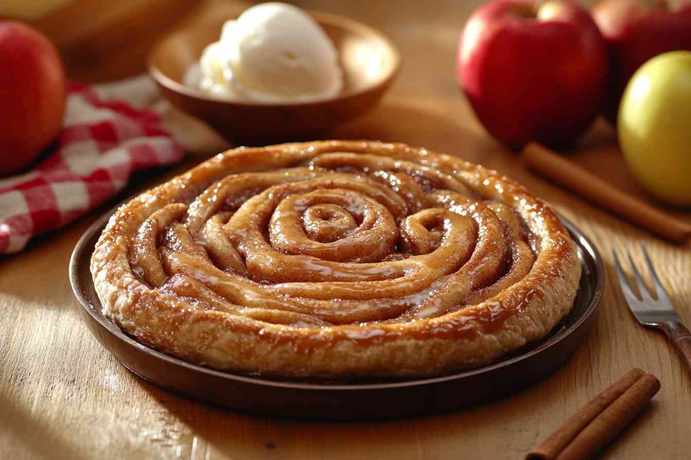 A beautifully baked cinnamon roll apple pie with golden-brown spirals, drizzled with glaze, served alongside a scoop of vanilla ice cream and fresh apples in a rustic kitchen setting.