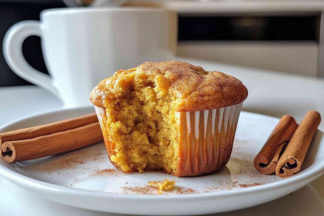 A close-up of a cinnamon muffin on a white plate, with a bite taken out, surrounded by cinnamon sticks, and a cup of coffee in the background.