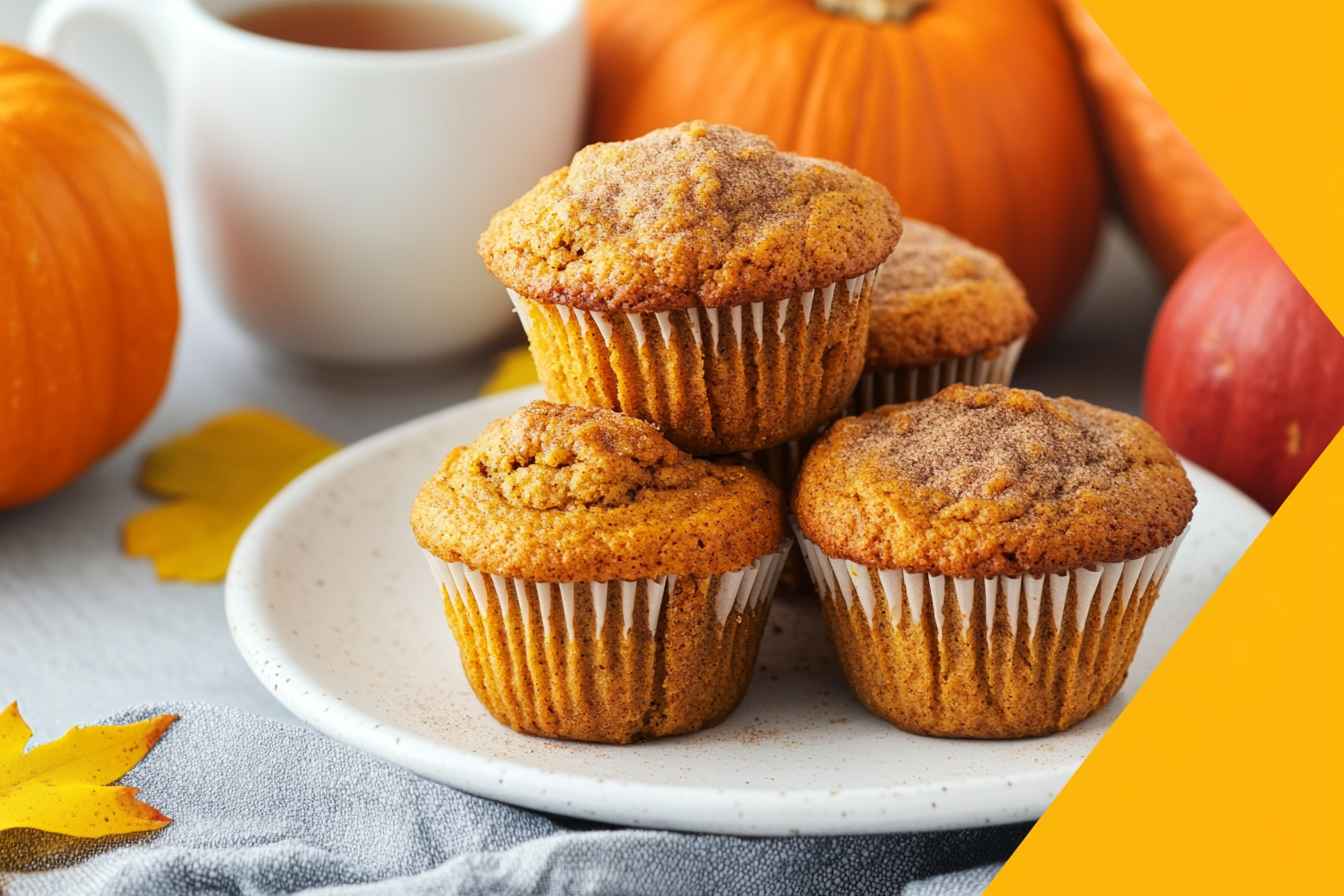 Four freshly baked almond flour pumpkin muffins on a white plate, surrounded by autumn decorations, pumpkins, and a steaming cup of tea.