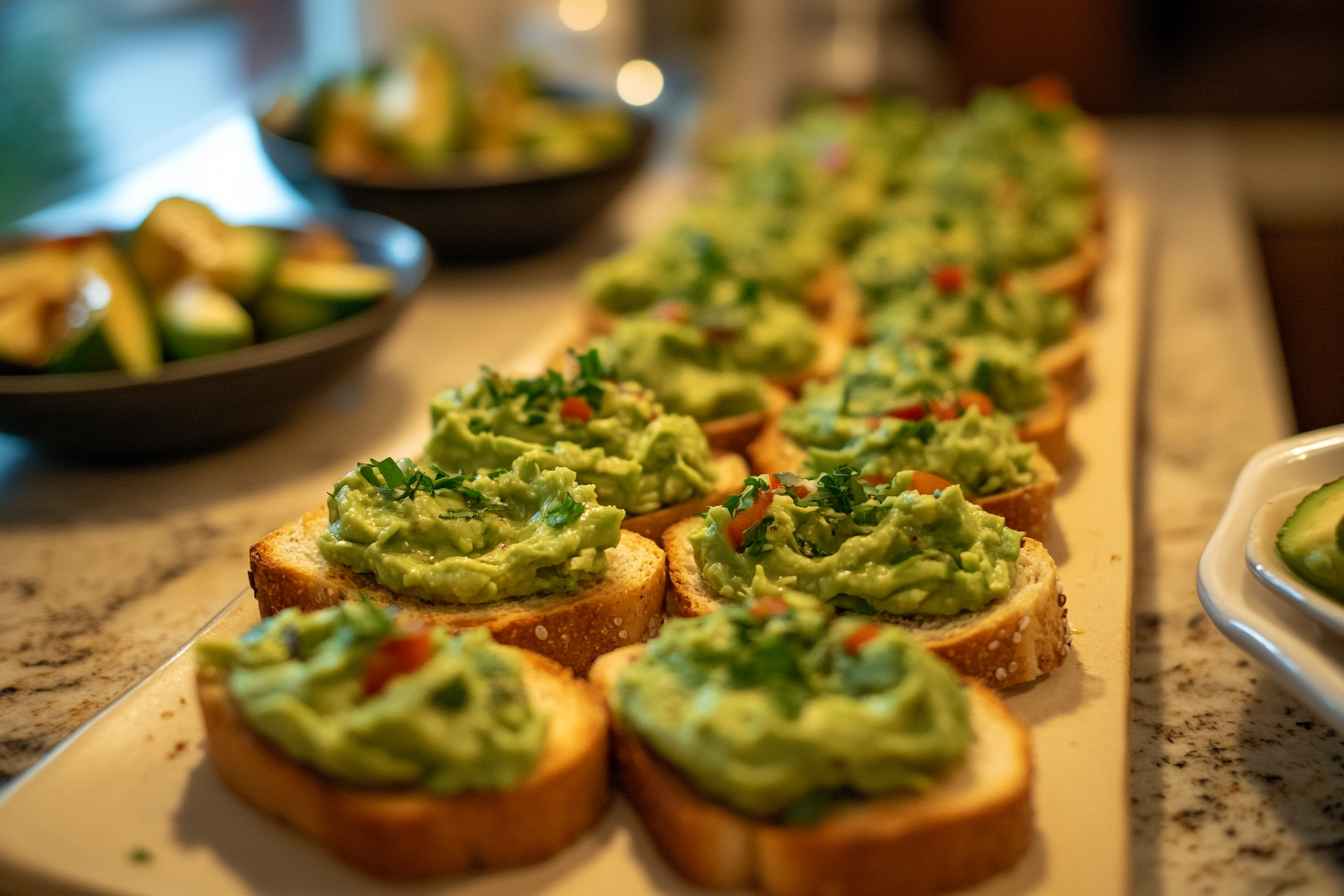 Fresh avocado spread on slices of bread, garnished with chopped herbs and a sprinkle of red pepper, arranged on a long white platter.