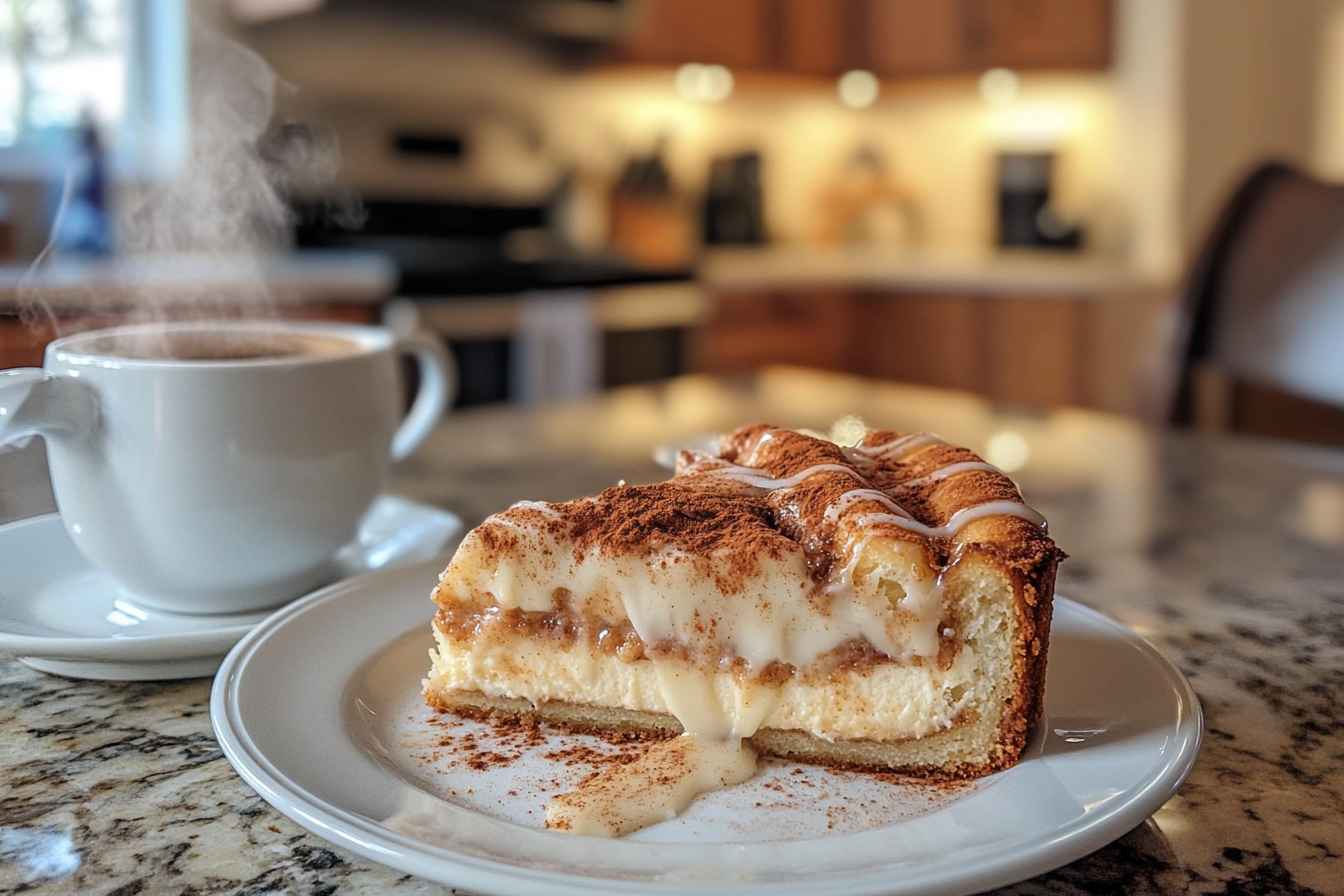 A slice of cinnamon roll cheesecake on a white plate with creamy glaze, cinnamon sprinkles, and a steaming cup of coffee in a cozy kitchen setting.