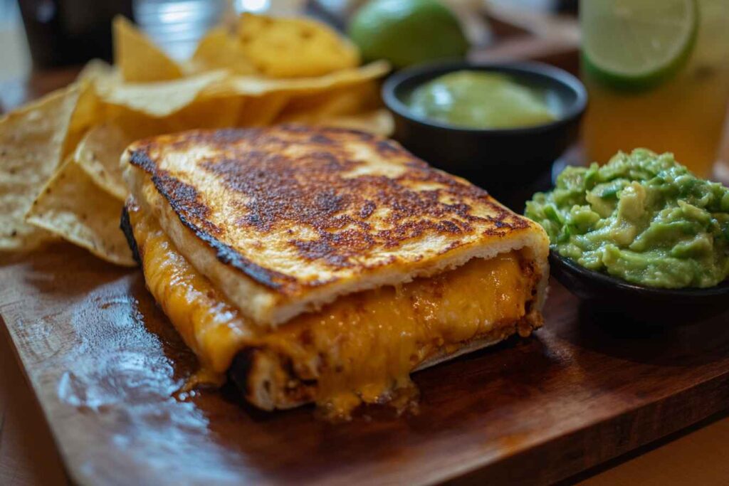 Grilled cheese burrito served with guacamole, salsa, and tortilla chips on a wooden platter.