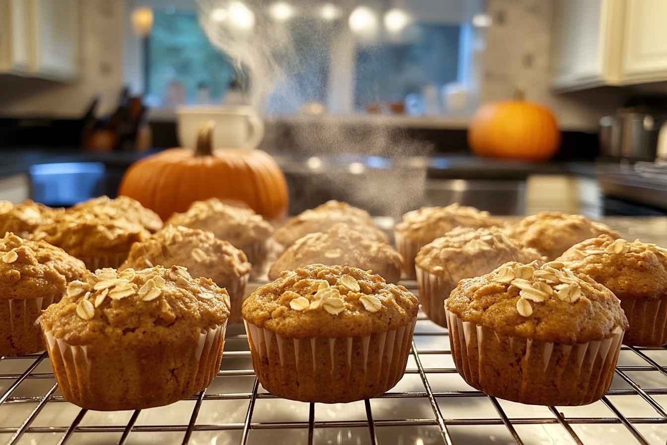 Freshly baked protein pumpkin muffins cooling on a wire rack, topped with oats, with steam rising and a pumpkin in the blurred background.