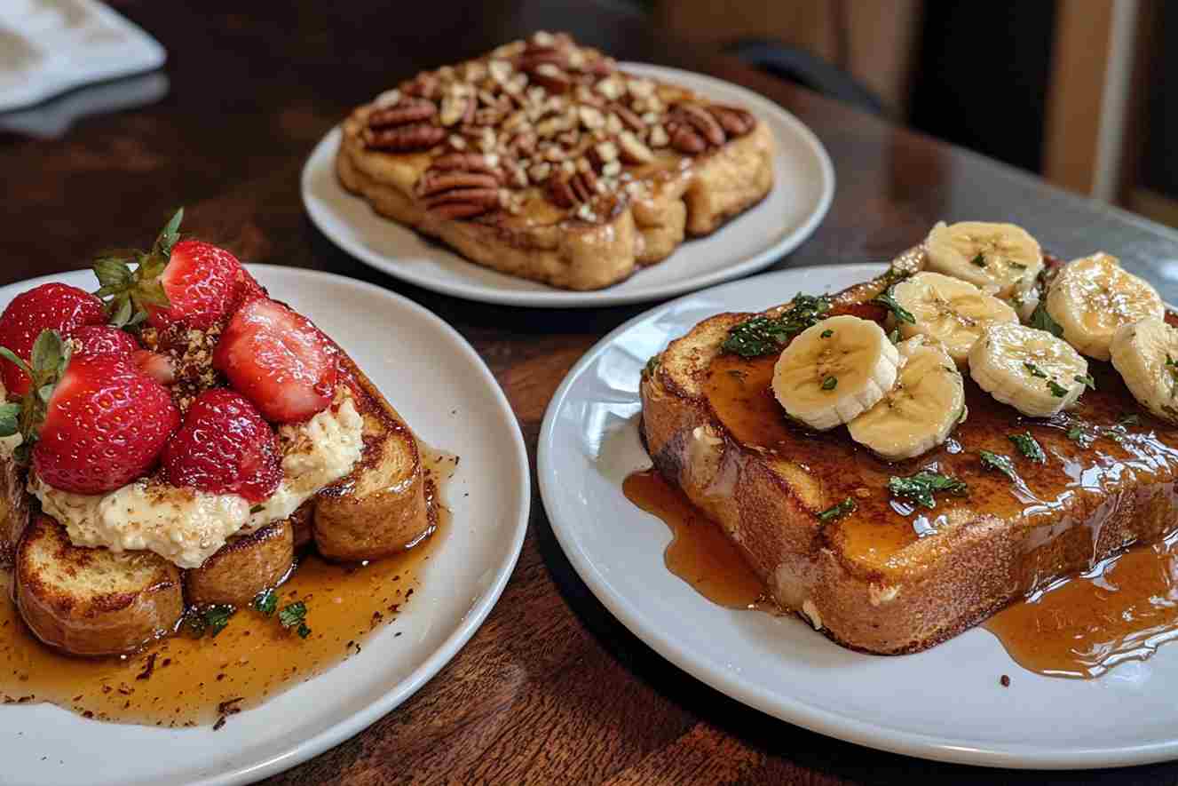 Three plates of sourdough French toast with unique toppings: one with fresh strawberries and cream, another with pecans and syrup, and the last with banana slices and caramel drizzle.