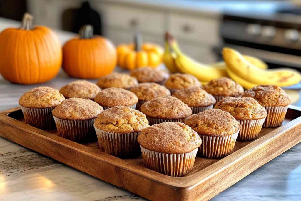 Freshly baked pumpkin banana muffins on a wooden tray with pumpkins and bananas in the background, showcasing a cozy fall theme.