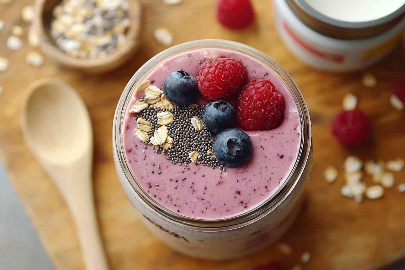 A jar of protein overnight oats topped with fresh blueberries, raspberries, chia seeds, and oats on a wooden table with ingredients scattered around, including a wooden spoon and a bowl of seeds.